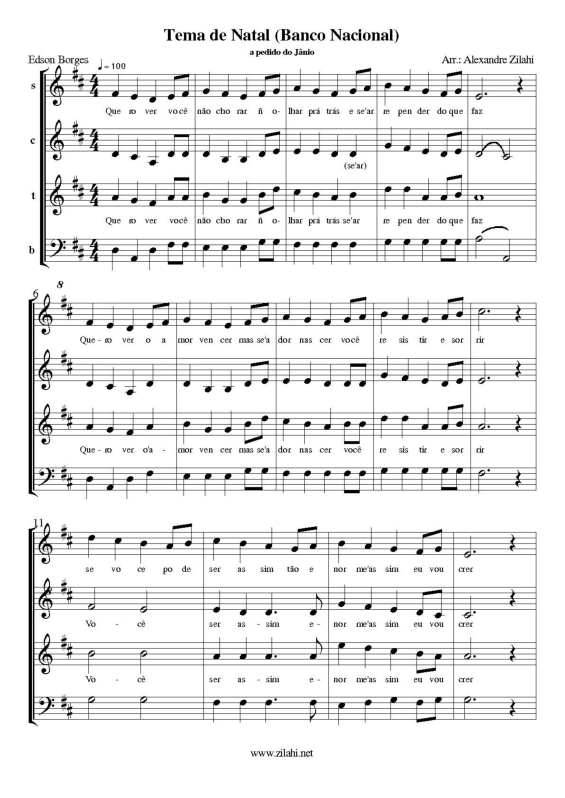 Partitura da música Tema de Natal (Banco Nacional)