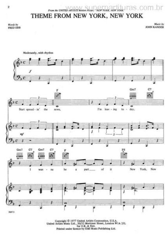 Partitura da música Tema de New York, New York