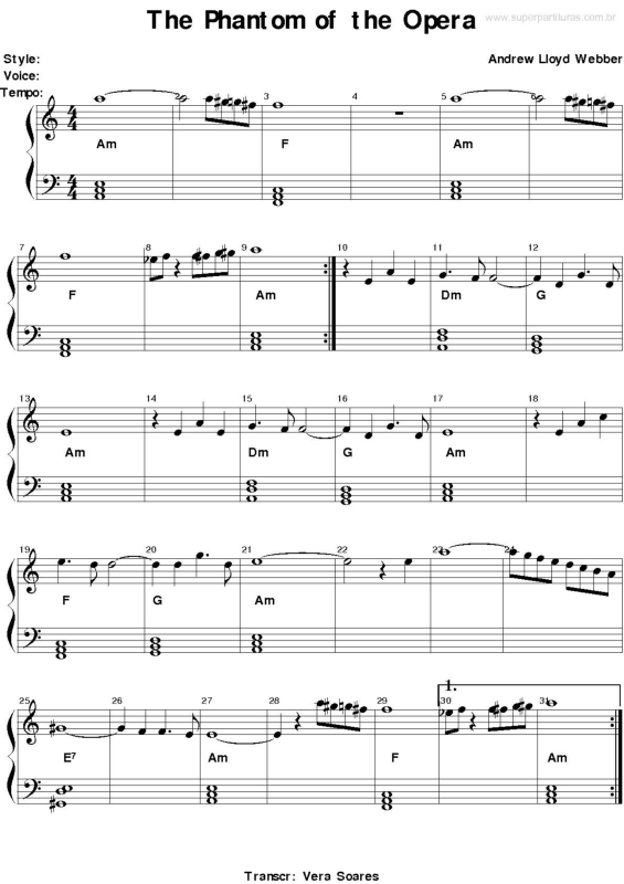 Partitura da música Tema de O Fantasma da Ópera (The Phantom Of The Opera)