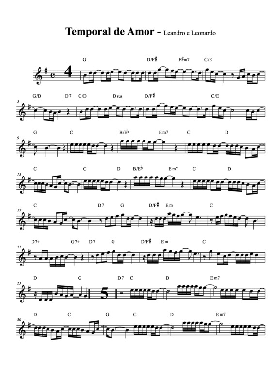 Partitura da música Temporal de Amor v.2