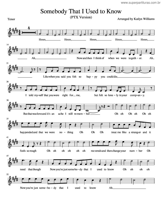 Partitura da música Tenor Somebody That I Used To Know Ptx Version