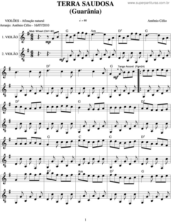 Partitura da música Terra Saudosa