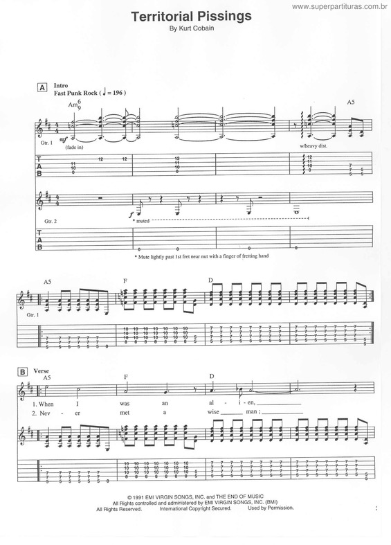 Partitura da música Territorial Pissings v.2