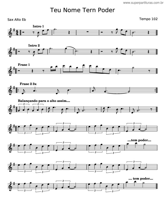 Partitura da música Teu Nome Tem Poder – Grade Metais – Sax Alto