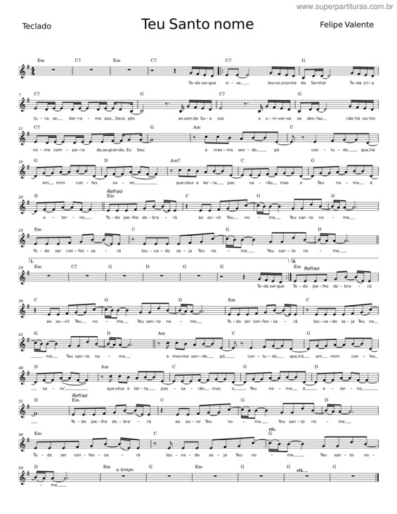 Partitura da música Teu Santo Nome – Felipe Valente