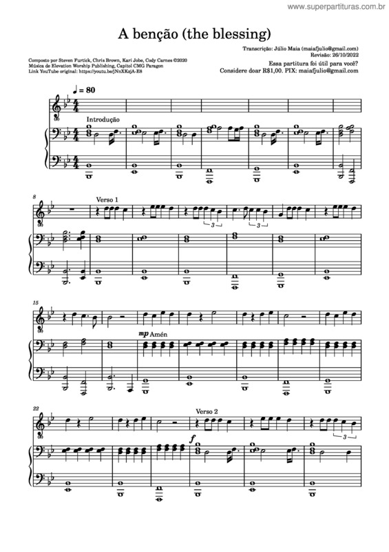 Partitura da música The Blessing – Kari Jobe A Benção  The Blessing