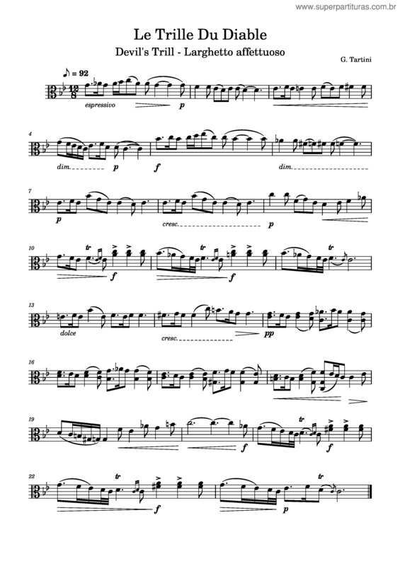 Partitura da música The Devil`S Trill Sonata – Giuseppe Tartini – Larghetto Affetuoso – Viola Solo