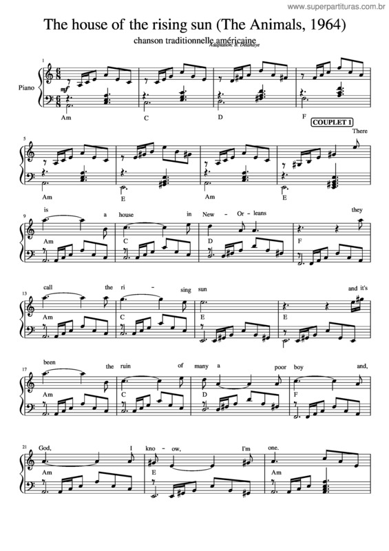 Partitura da música The House Of The Rising Sun Piano E Voz