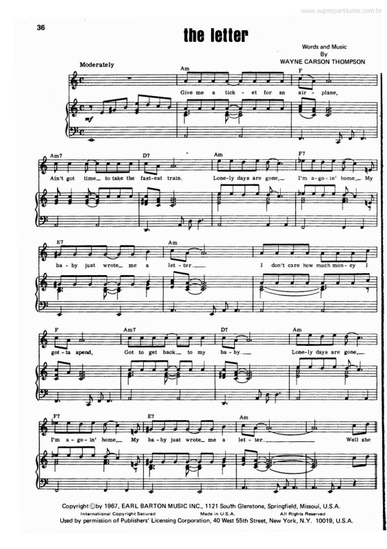 Partitura da música The Letter