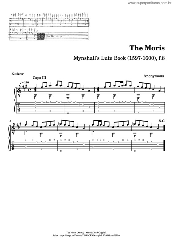 Partitura da música The Moris – Mynshall`S Lute Book v.2