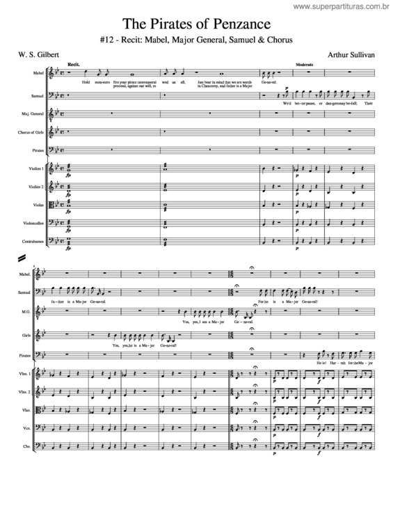 Partitura da música The Pirates Of Penzance – Act 1, #12 – Recit: Mabel, Major General, Samuel & Chorus
