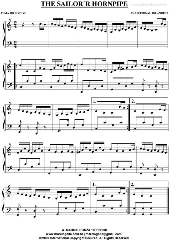 Partitura da música The Sailor`r Hornpipe (Popeye)