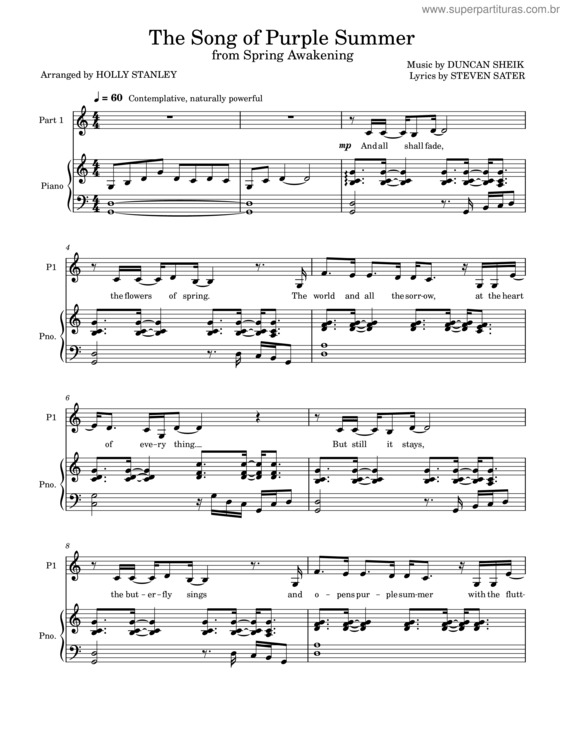 Partitura da música The Song Of Purple Summer – Duncan Sheik, Spring Awakening Musical, Steven Sater The Song Of Purple Summer From Spring Awakening – Duet Arrangement