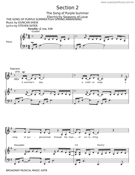 Partitura da música The Song Of Purple Summer – Duncan Sheik, Spring Awakening Musical, Steven Sater