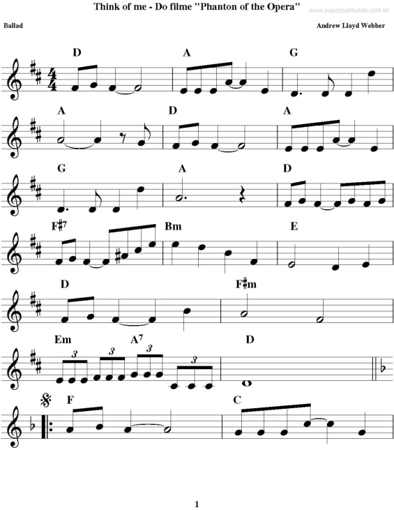 Partitura da música Think Of Me (Fantasma Da Ópera)