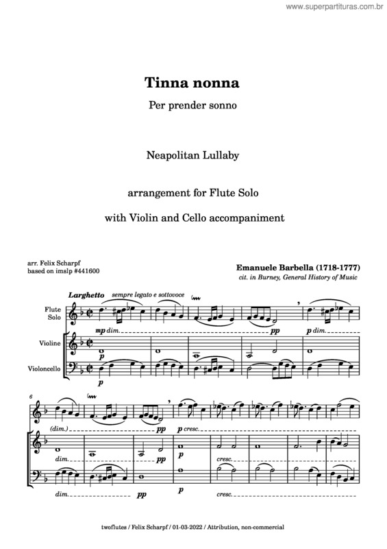 Partitura da música Tinna Nonna – Neapolitan Lullaby – Emanuele Barbella – Arr. For Flute Solo  With Violin And Cello Accompanimet