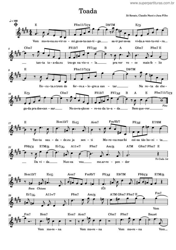 Partitura da música Toada – Ze Renato, Claudio Nucci E Juca Filho Toada – Boca Livre