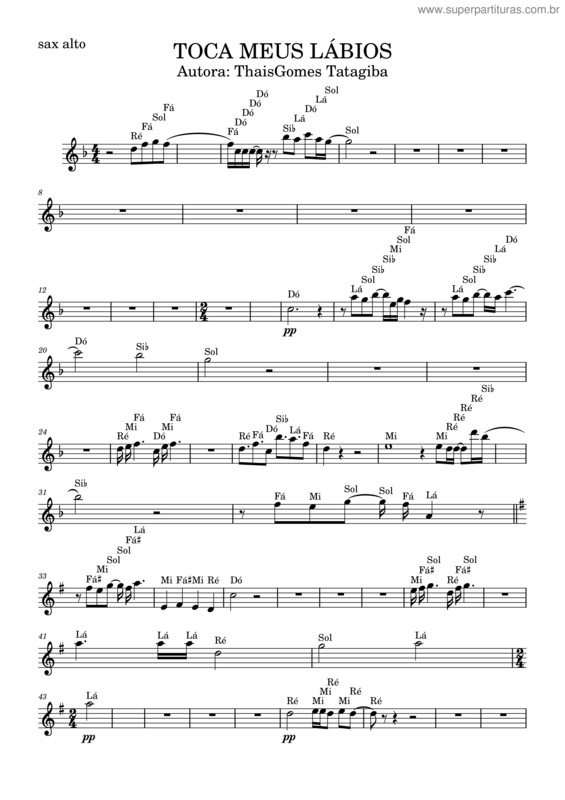 Partitura da música Toca Meus Lábios Sax Alto