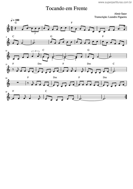 Partitura da música Tocando Em Frente – Almir Sater – Melodia