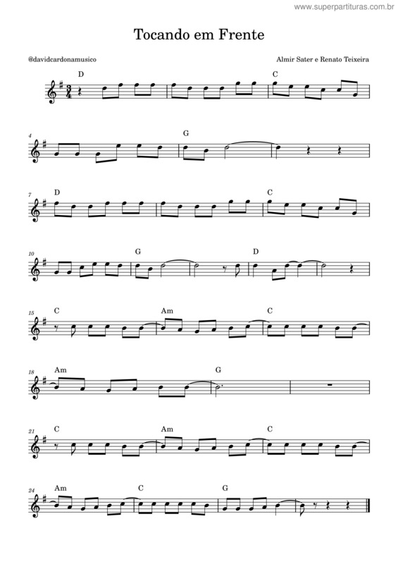 Partitura da música Tocando Em Frente – Almir Sater & Renato Teixeira