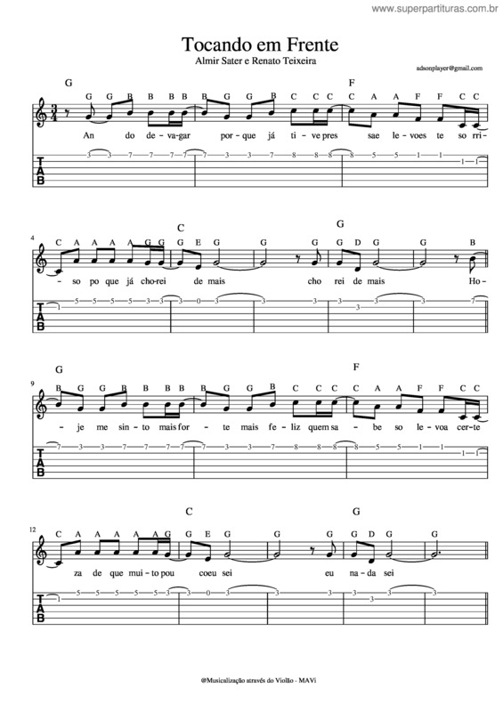 Partitura da música Tocando Em Frente Com Tablatura