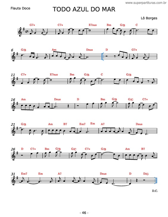 Partitura da música Todo Azul Do Mar – Lô Borges