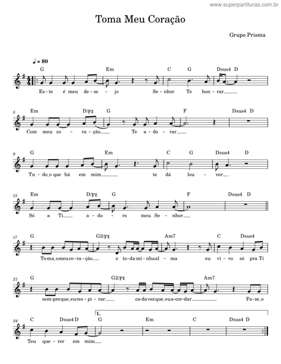 Partitura da música Toma Meu Coração – Grupo Prisma