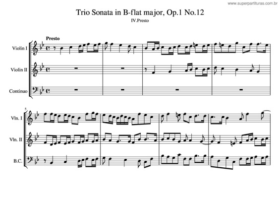 Partitura da música Tomaso Albinoni – Trio Sonata In B–Flat Major, Op.1 No.12 Iv.Presto