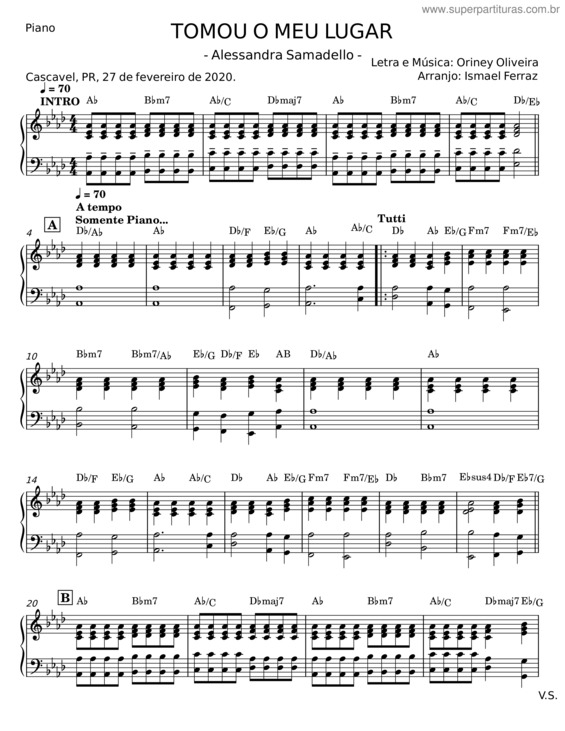 Partitura da música Tomou O Meu Lugar – Alessandra Samadello;Oriney Oliveira