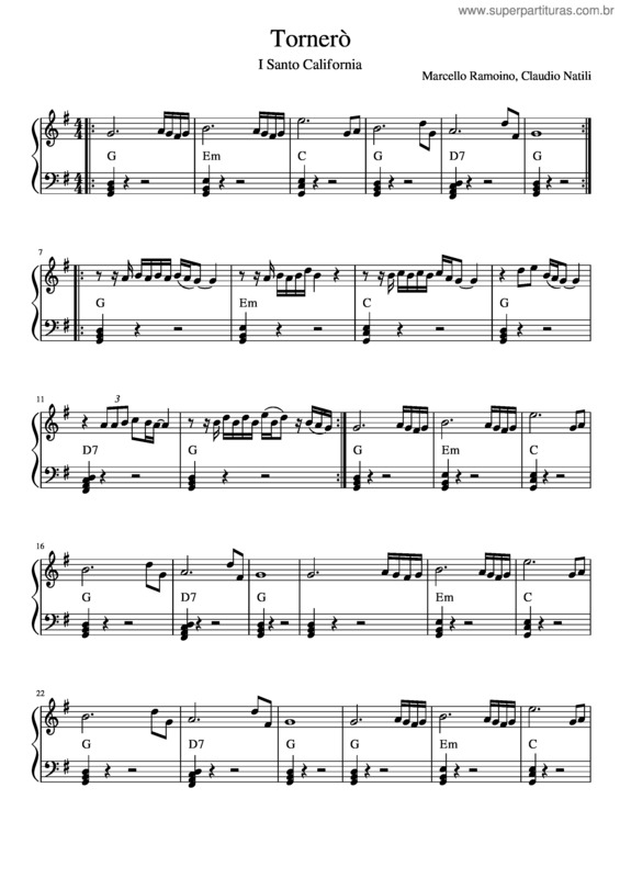 Partitura da música Tornerò – I Santo California Tornerò