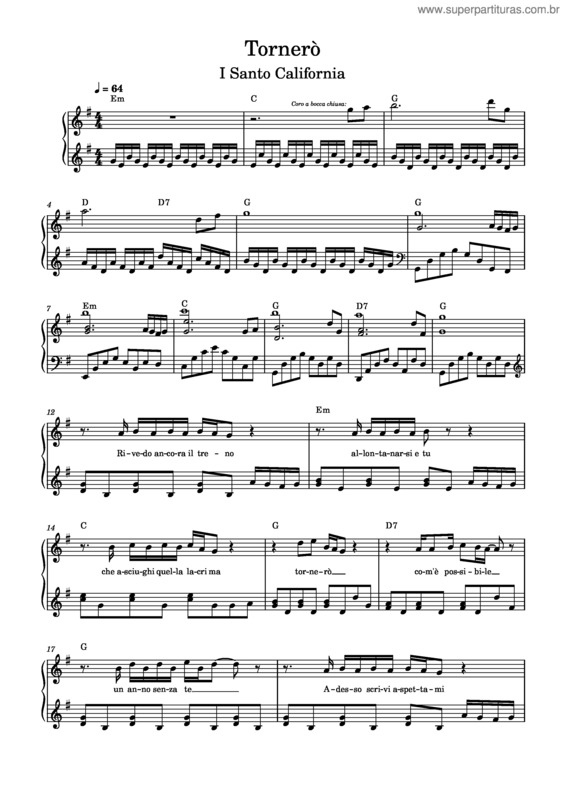 Partitura da música Tornerò – I Santo California v.2