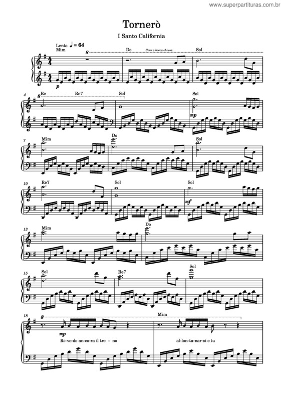 Partitura da música Tornerò – I Santo California