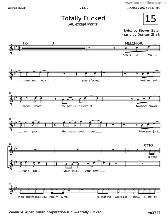 Partitura da música Totally Fucked – Duncan Sheik, Spring Awakening Musical, Steven Sater