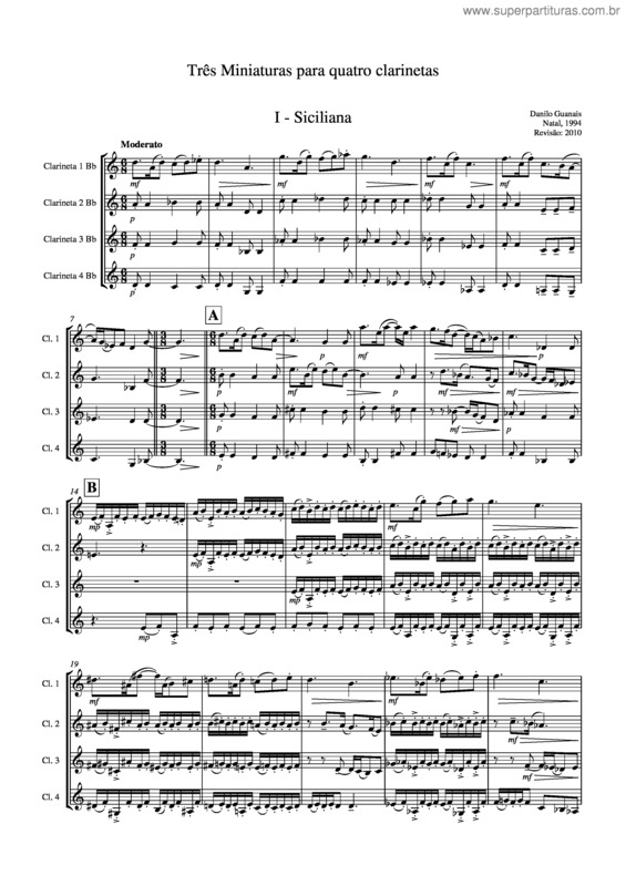 Partitura da música Três Miniaturas para quatro clarinetas
