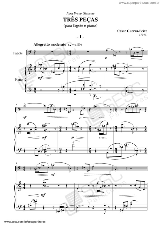 Partitura da música Três peças