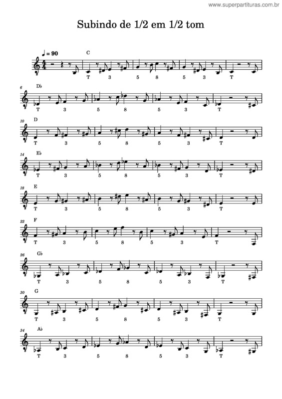 Partitura da música Tríades Com Aproximação Cromática Ascendente Subindo De 1/2 Em 1/2 Tom !