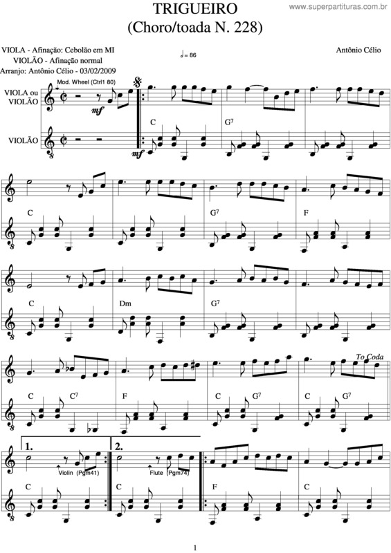 Partitura da música Trigueiro