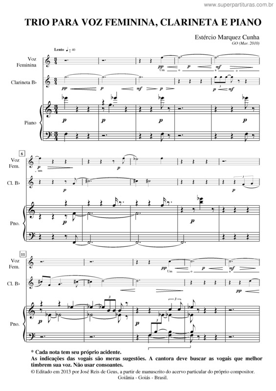 Partitura da música Trio para Voz Feminina, Clarineta e Piano