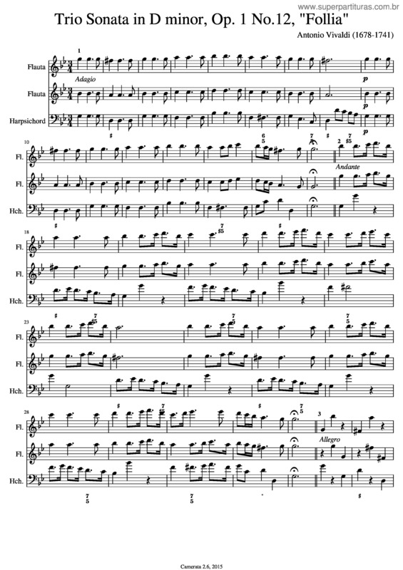 Partitura da música Trio Sonata In D Minor, Op. 1 No.12, Follia – Basso Continuo