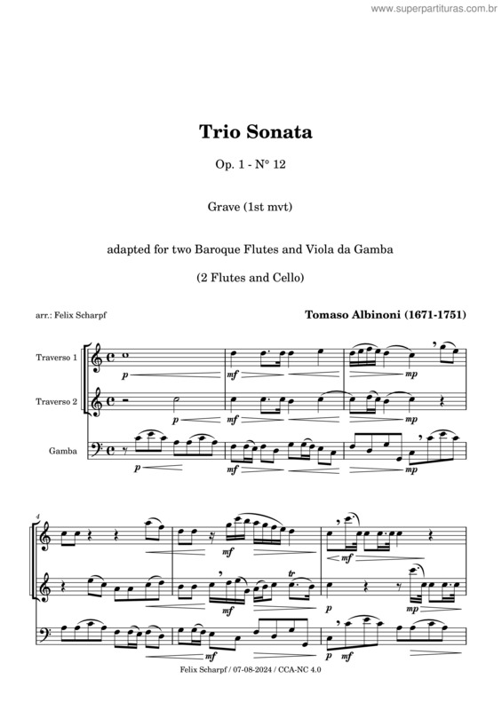 Partitura da música Trio Sonata Op. 1, N° 12