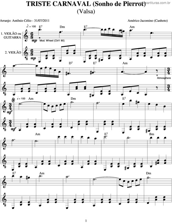 Partitura da música Triste Carnaval v.2