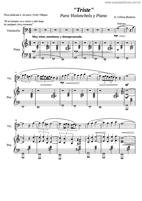 Partitura da música Triste Para Violonchelo Y Piano.
