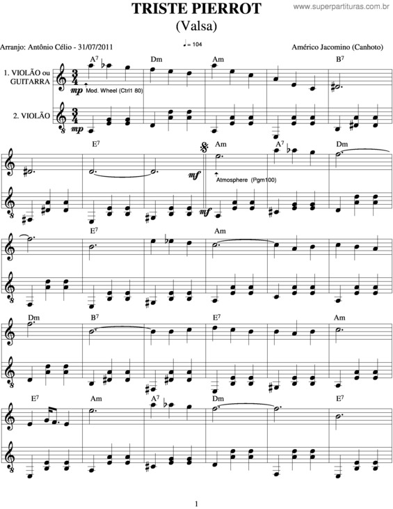 Partitura da música Triste Pierrot