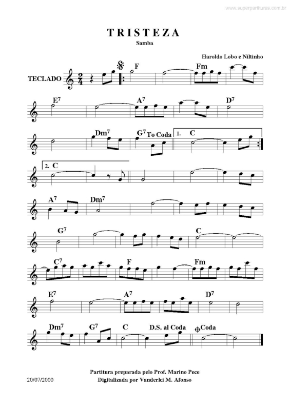 Partitura da música Tristeza v.2