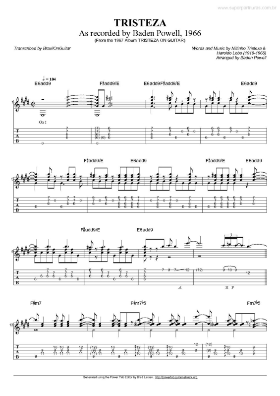 Partitura da música Tristeza