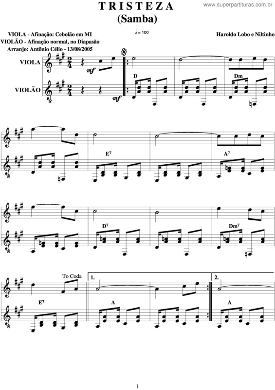 Partitura da música Tristezaeria