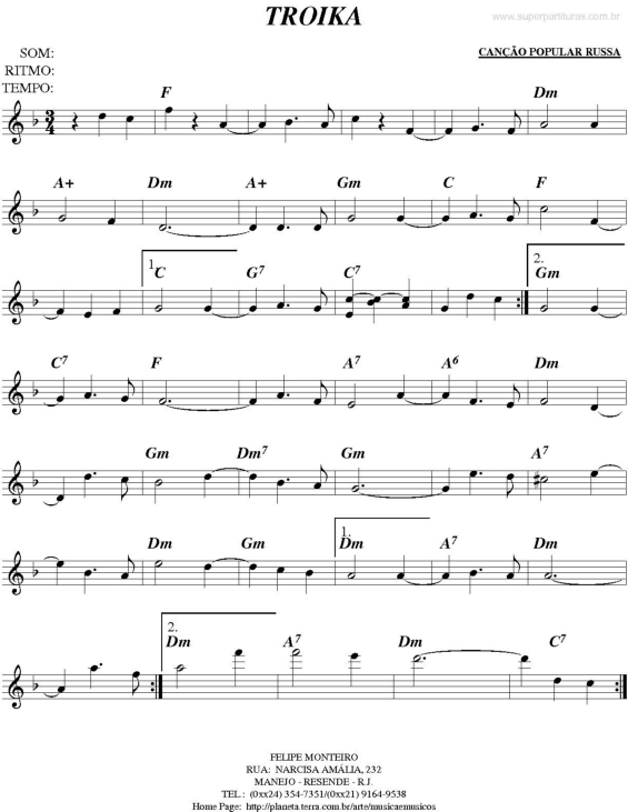 Partitura da música Troika (Canção Popular Russa)