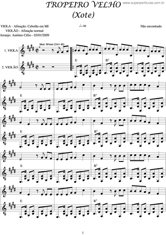 Partitura da música Tropeiro Velho v.2