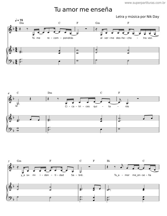 Partitura da música Tu Amor Me Enseña – Nik Day