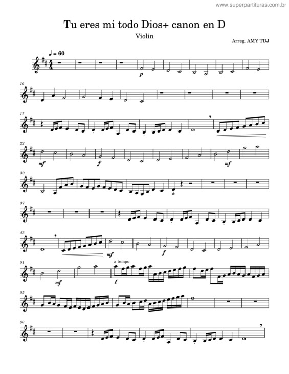 Partitura da música Tu Eres Mi Todo Dios+ Canon En D  Arreglo Violin